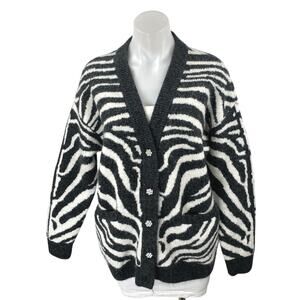 Zara Black White Wool Zebra Print Long Sleeve Button Up Cardigan Sweater Top S